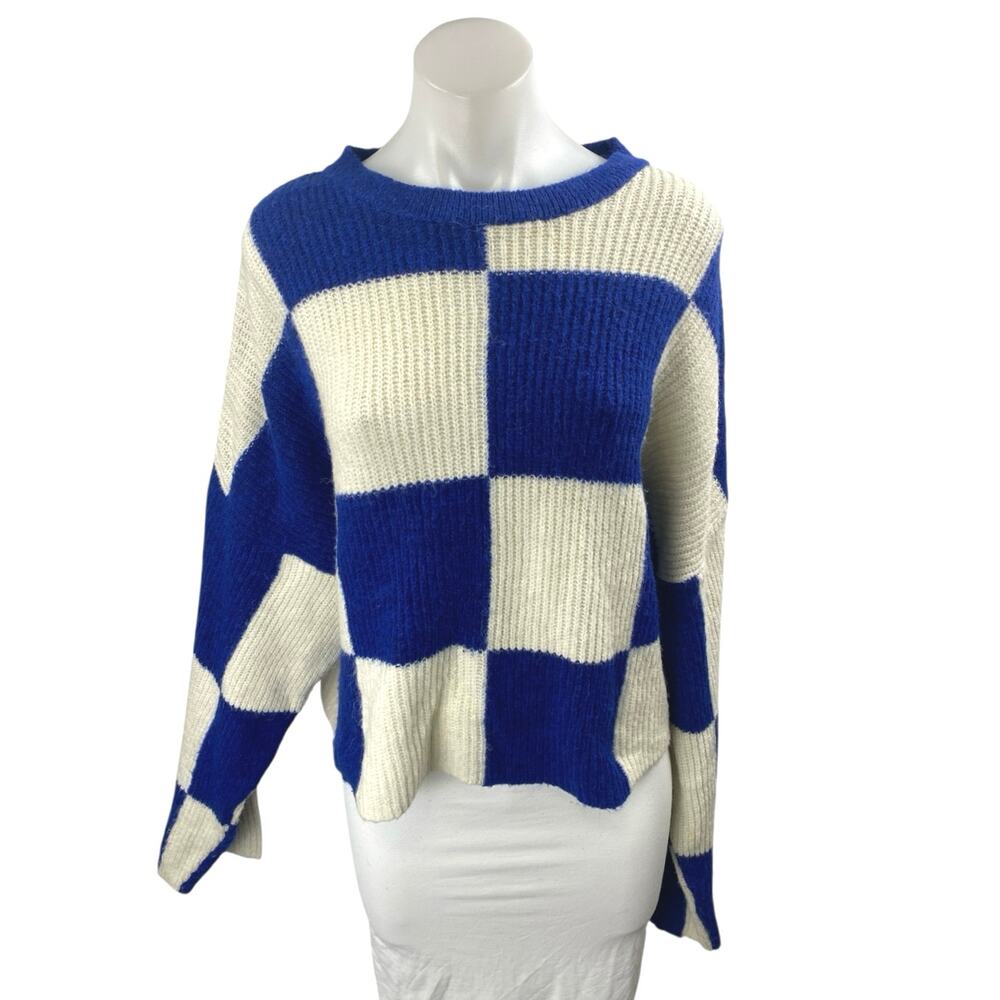 Pull & Bear Blue Cream Checkered Colorblock Long Sleeve Sweater Top Size L